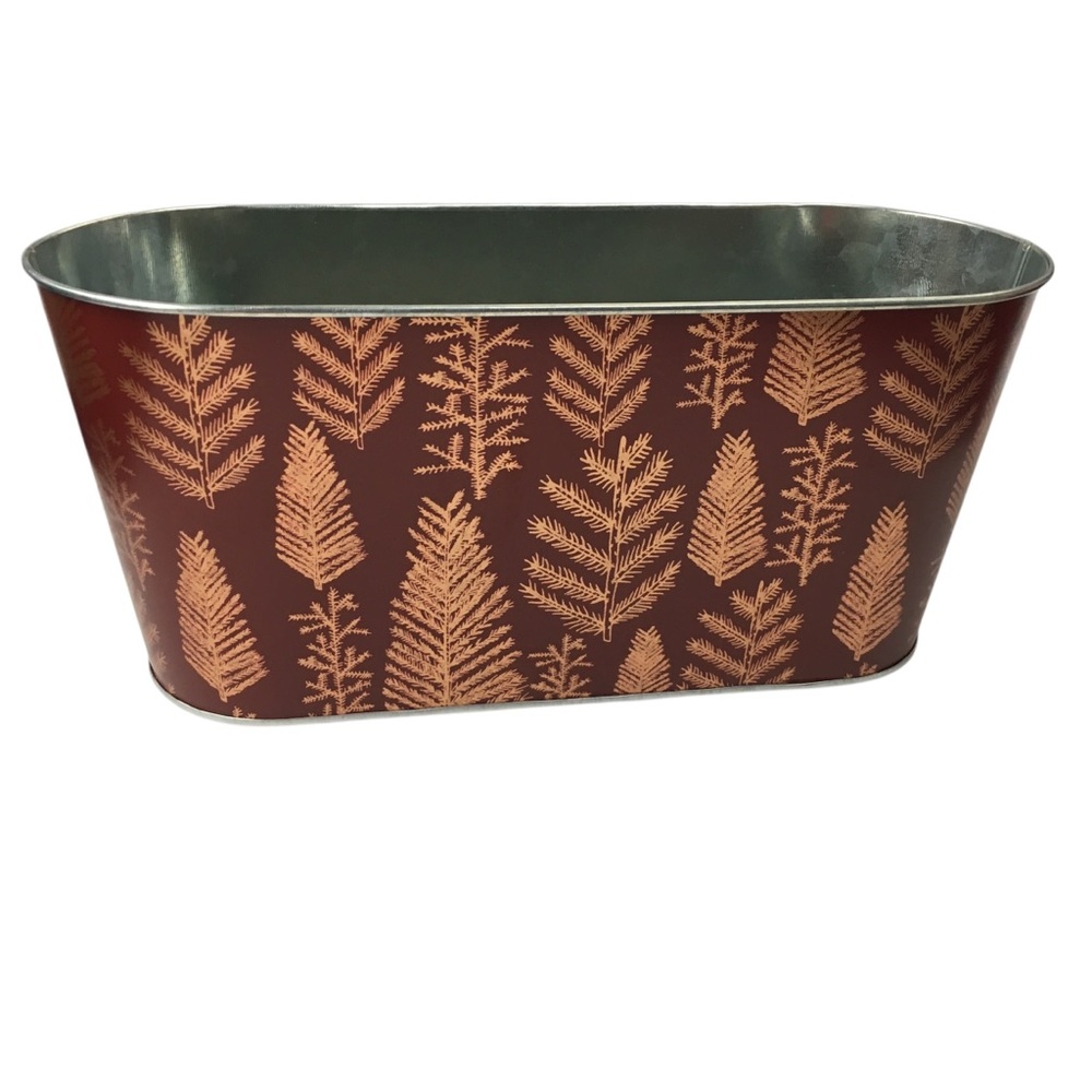 CHRISTMAS Decor Metal Bin Basket Crate Tub Tin Trees Metallic Gold Copper Maroon
